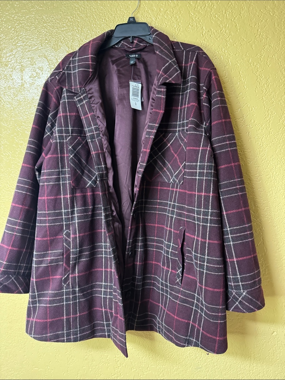torrid Burgundy Plaid Pea Coat with Pink & White Windowpane